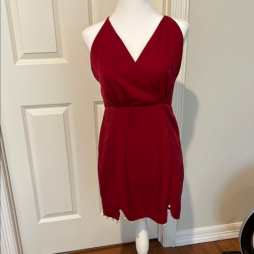 NBD Red Halter Dress with Dangling Pearls Hidden Pockets Adjustable straps
